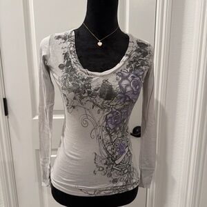 Stranded Gray and Purple Floral Long Sleeve Tee